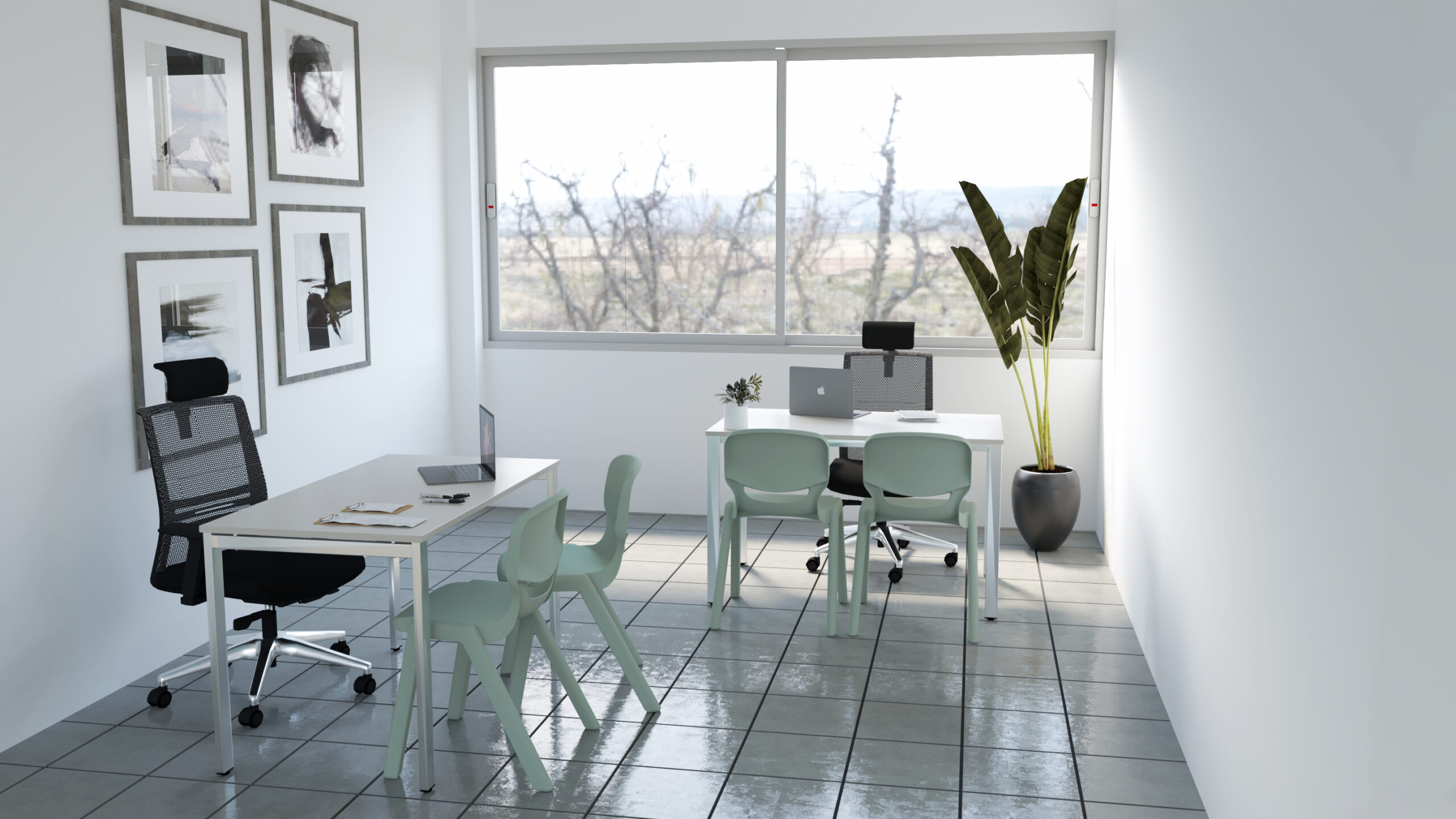 Espaço de trabalho com mesas, cadeiras, computadores portáteis e planta junto à janela.
