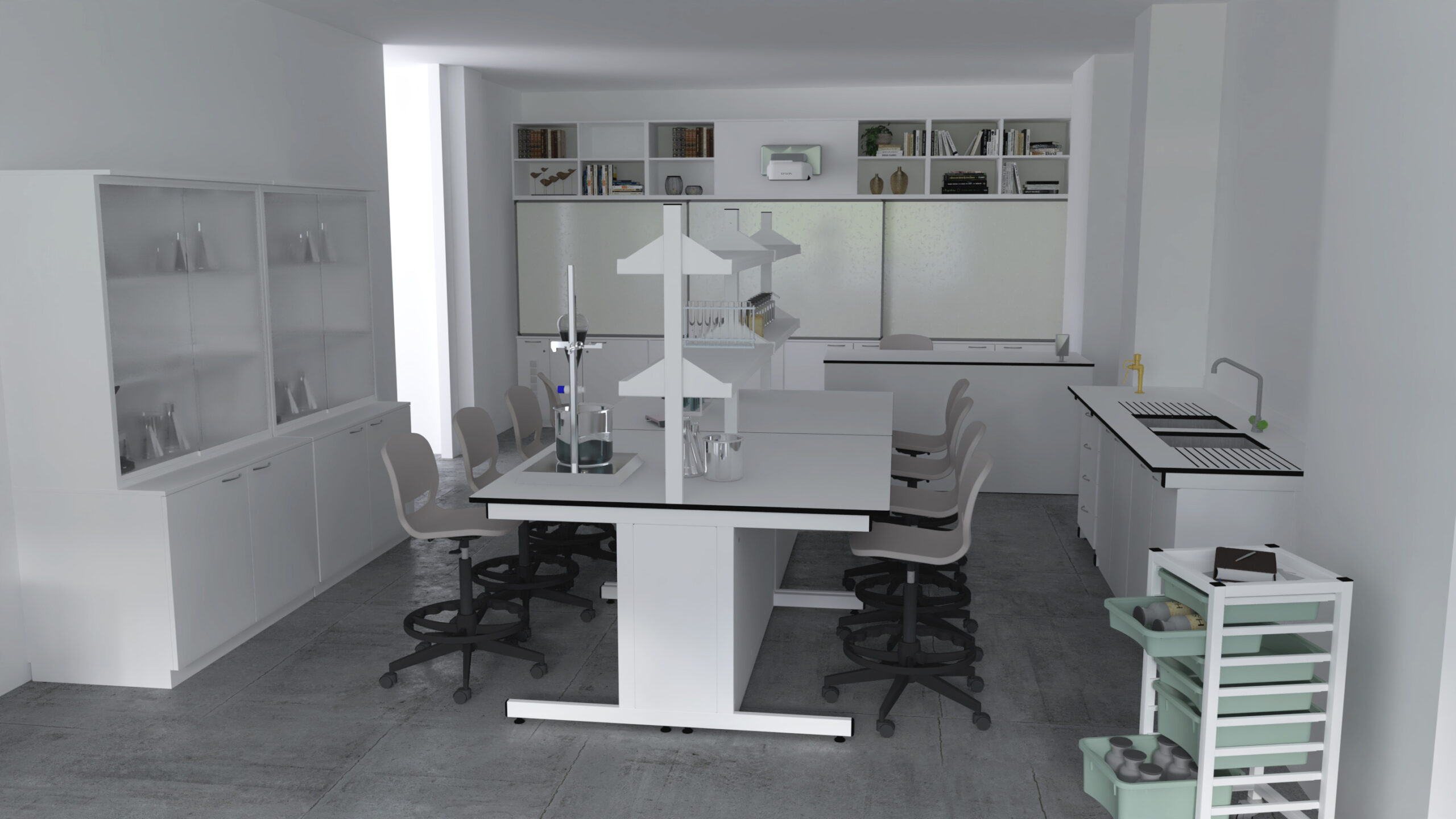 Laboratório com bancadas brancas, bancos, estantes com material de vidro e carro de arrumação verde.