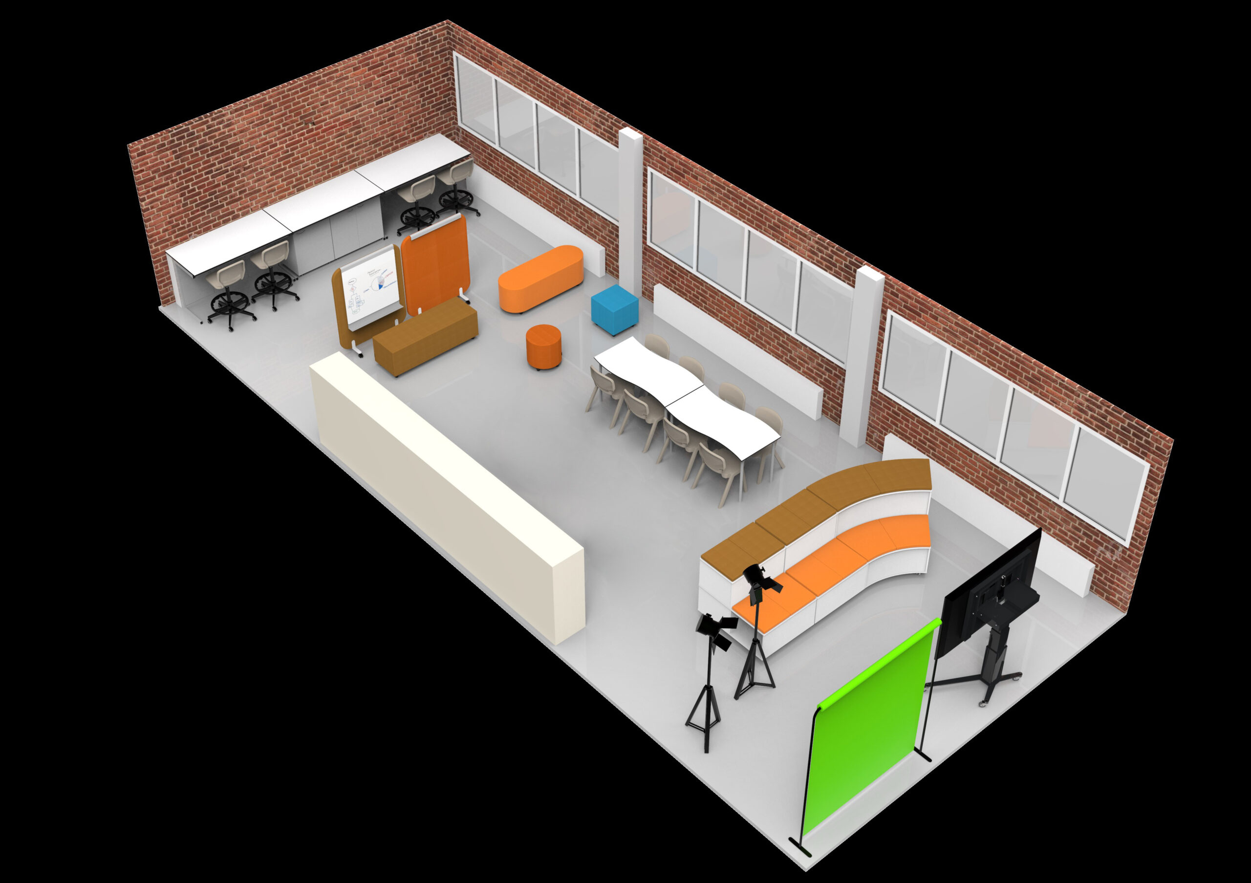 Representação de uma sala com mesas, cadeiras, assentos estofados e zona de gravação com fundo verde e iluminação.