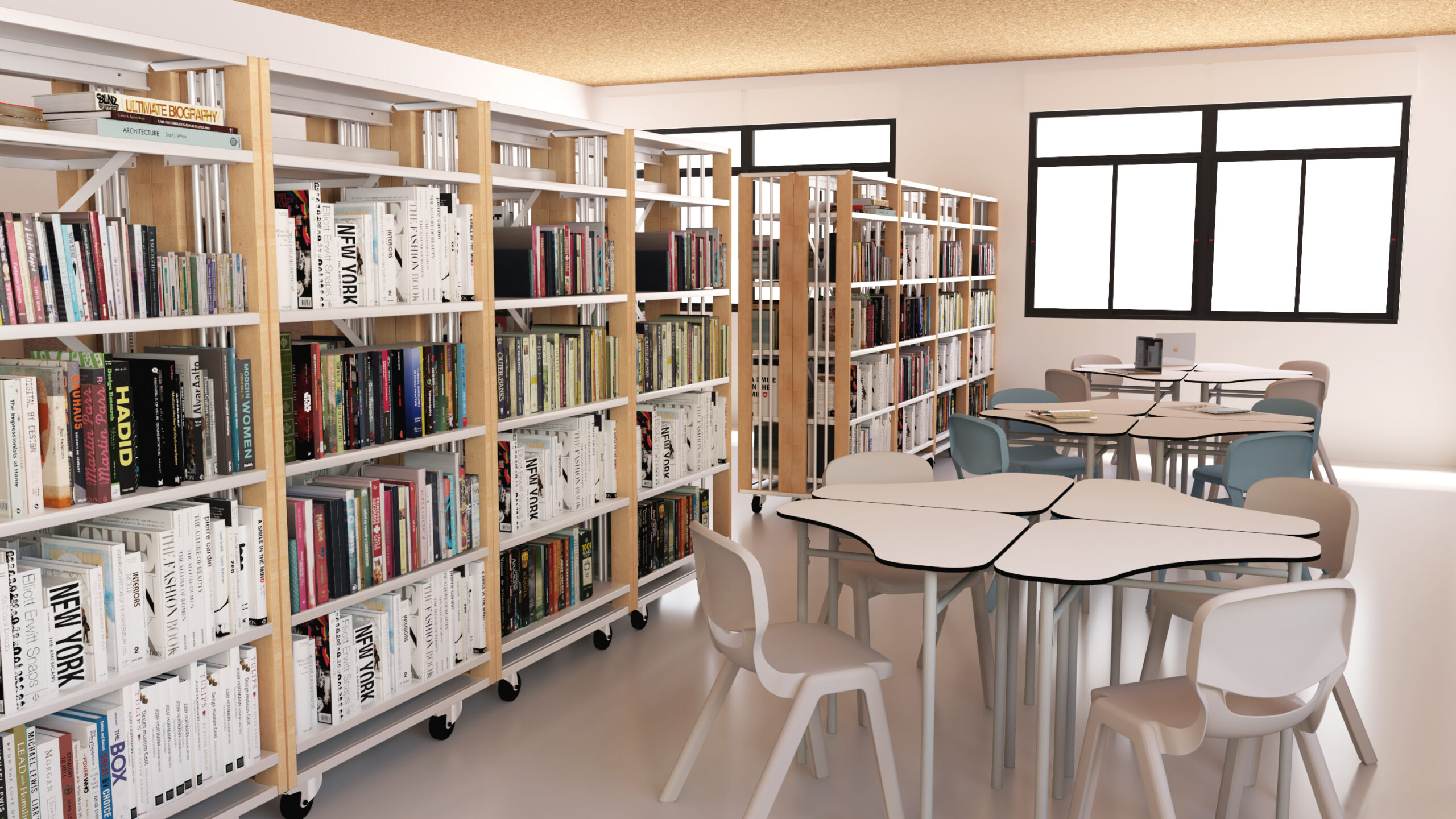 Uma biblioteca moderna com estantes, mesas e cadeiras Nautilus.