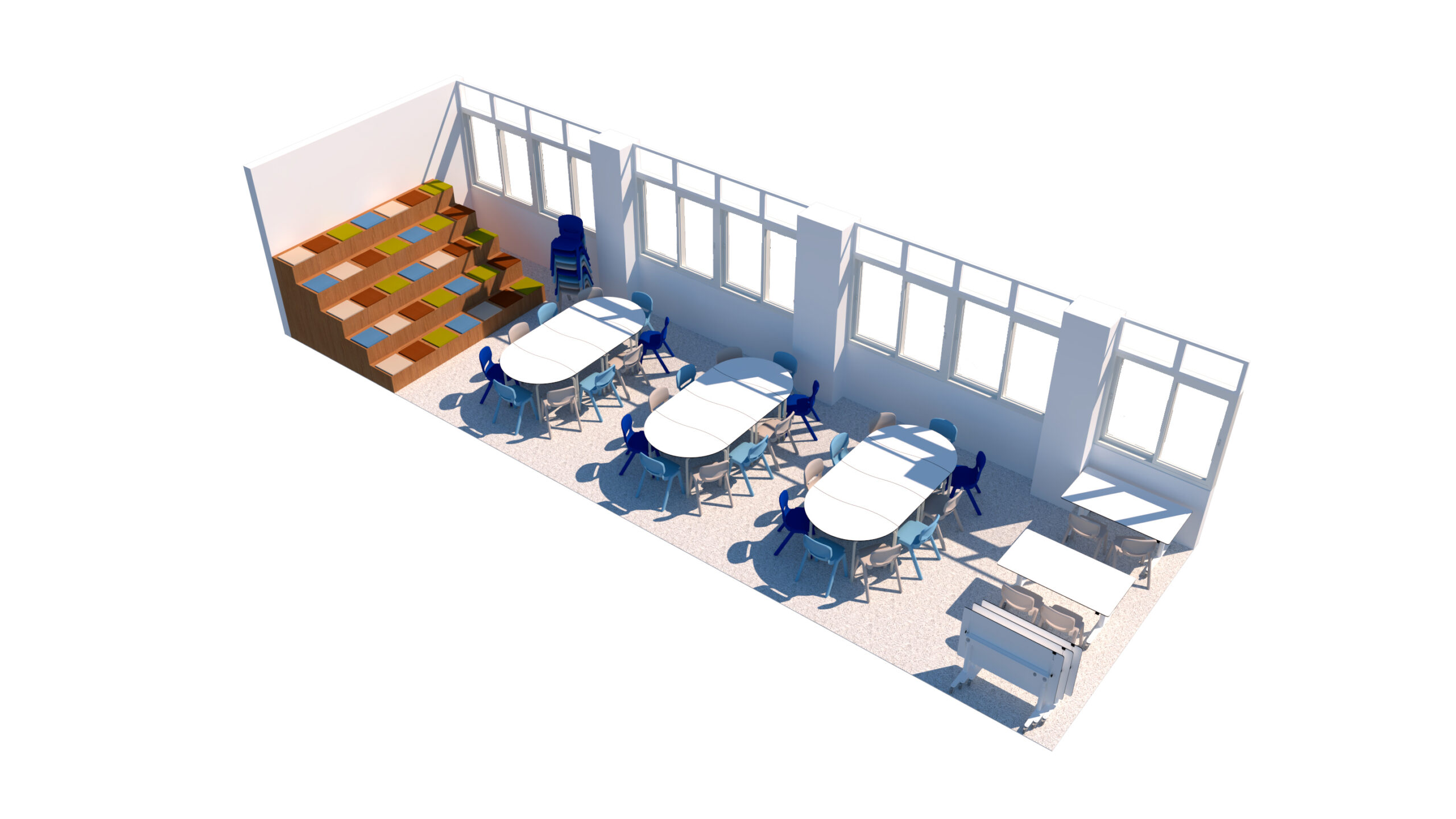 Sala com mesas, cadeiras azuis e bancada de assentos de várias cores numa esquina.