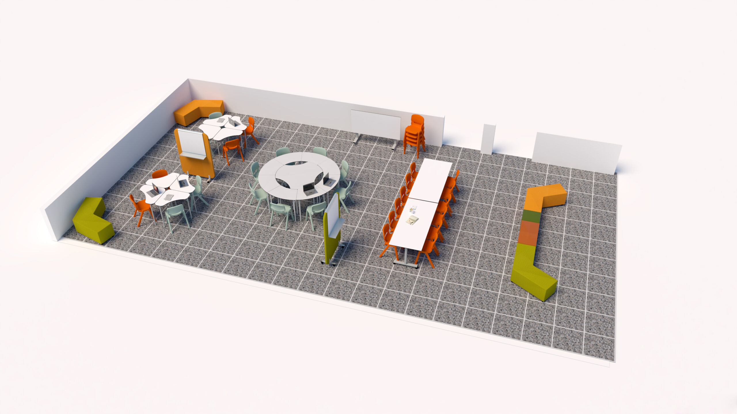 Sala com mesas redondas e rectangulares, cadeiras laranja, sofás verdes e laranja e ecrã móvel.