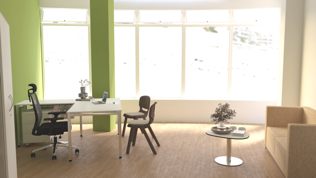 Sala com paredes verdes e brancas, mesa de trabalho, cadeiras, mesa redonda e sofá bege.