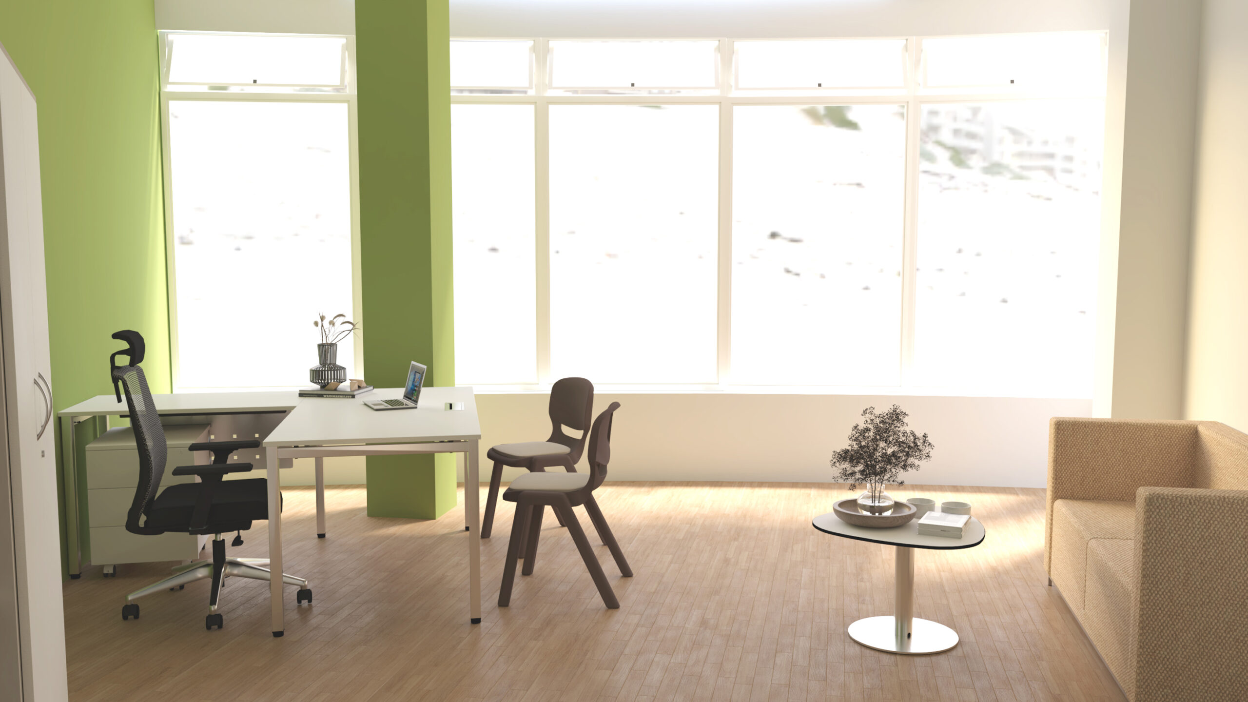 Sala com paredes verdes e brancas, mesa de trabalho, cadeiras, mesa redonda e sofá bege.