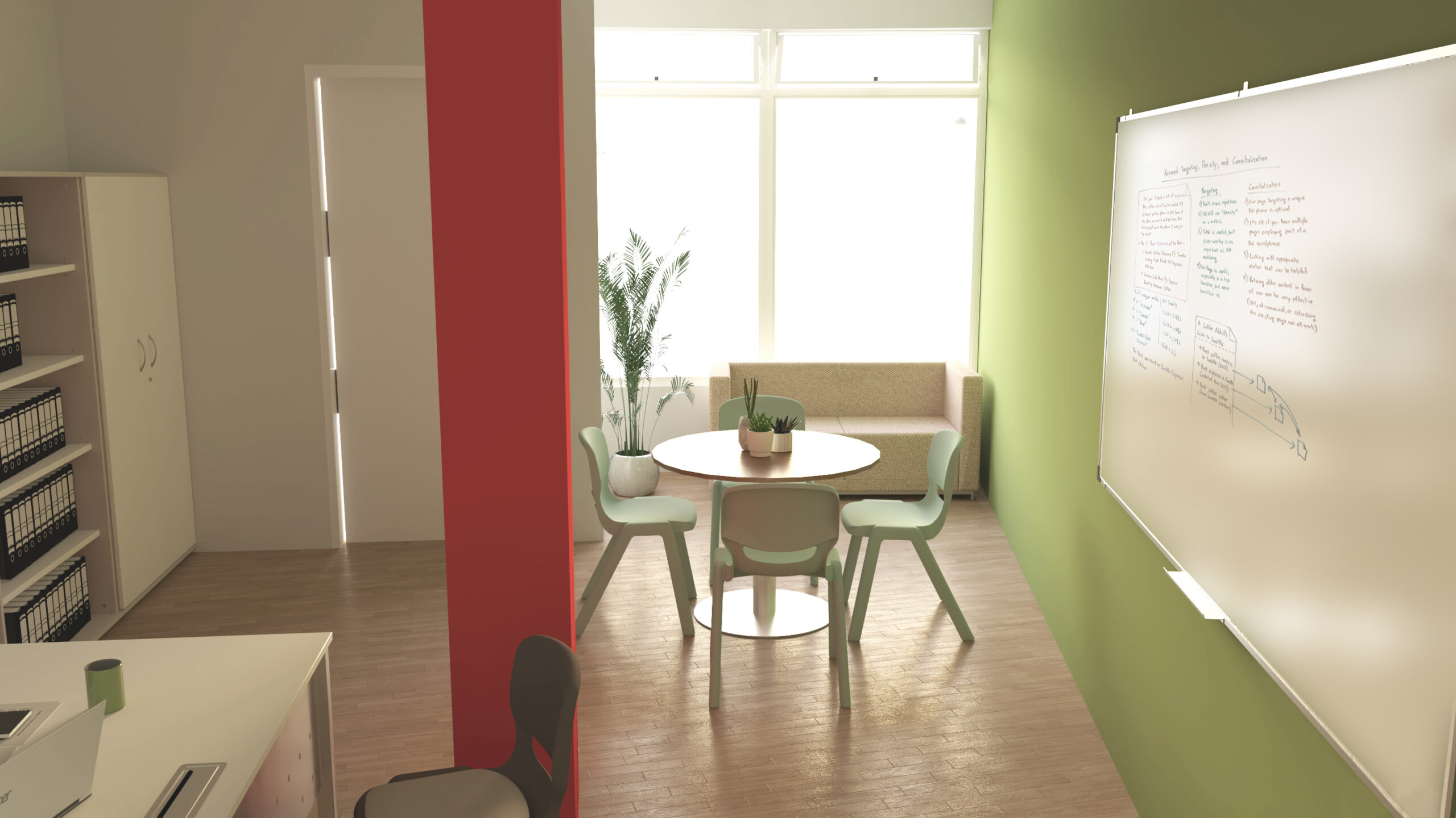 Sala com paredes verdes, mesa redonda, cadeiras, quadro de escrita e sofá junto às janelas.