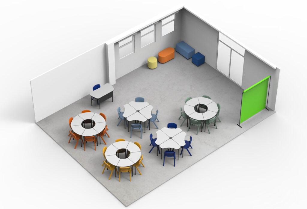 Representação de uma sala com mesas hexagonais, cadeiras de várias cores, fundo verde e assentos estofados.