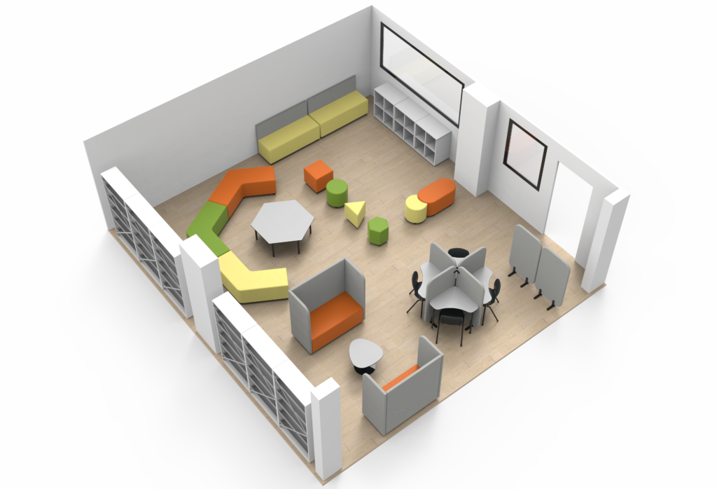 Sala com assentos modulares de várias cores, mesas hexagonais e estantes.