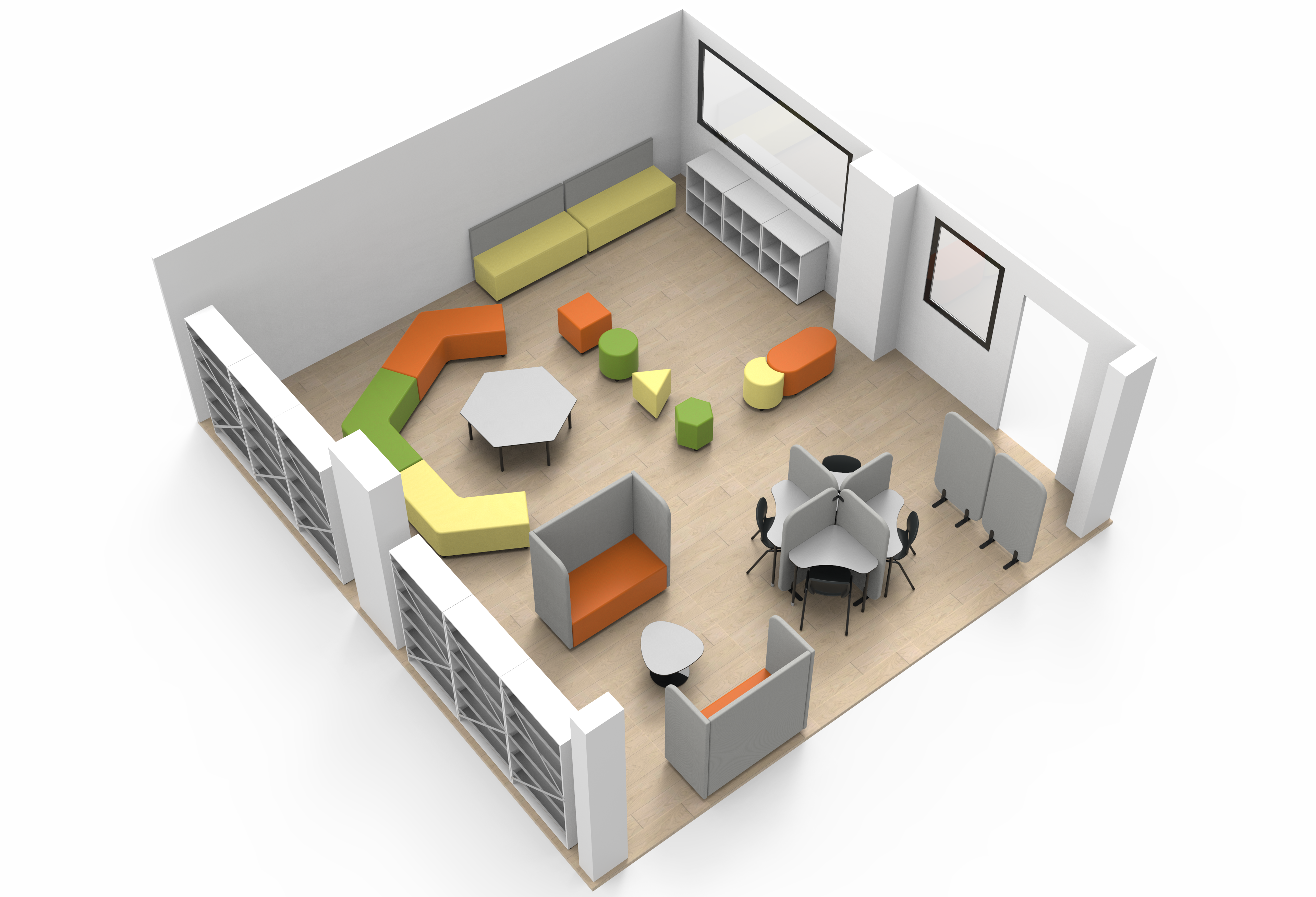 Sala com assentos modulares de várias cores, mesas hexagonais e estantes.
