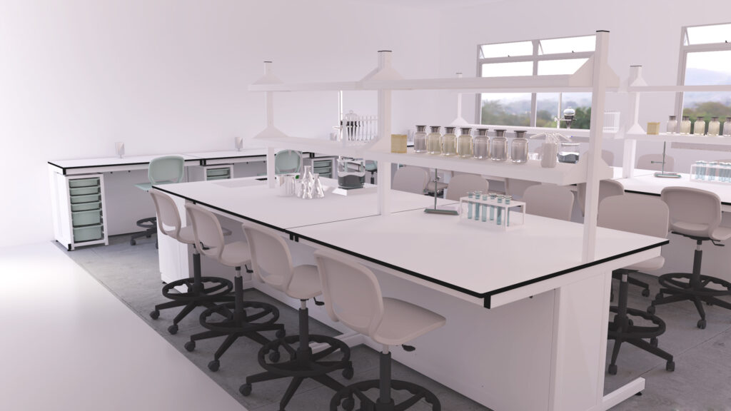 Laboratório com bancadas brancas, bancos e estantes com material de vidro e tubos de ensaio.