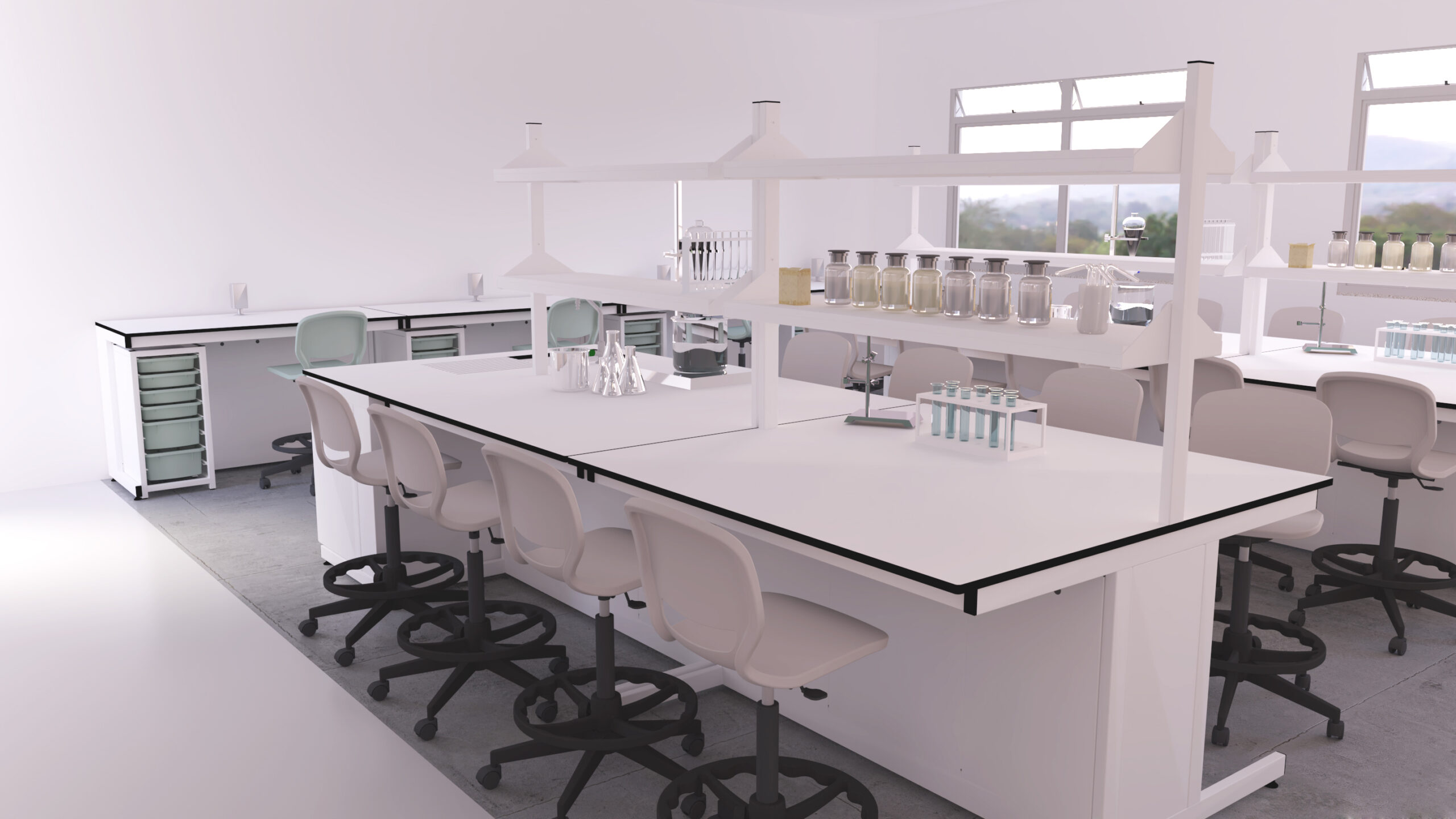 Laboratório com bancadas brancas, bancos e estantes com material de vidro e tubos de ensaio.