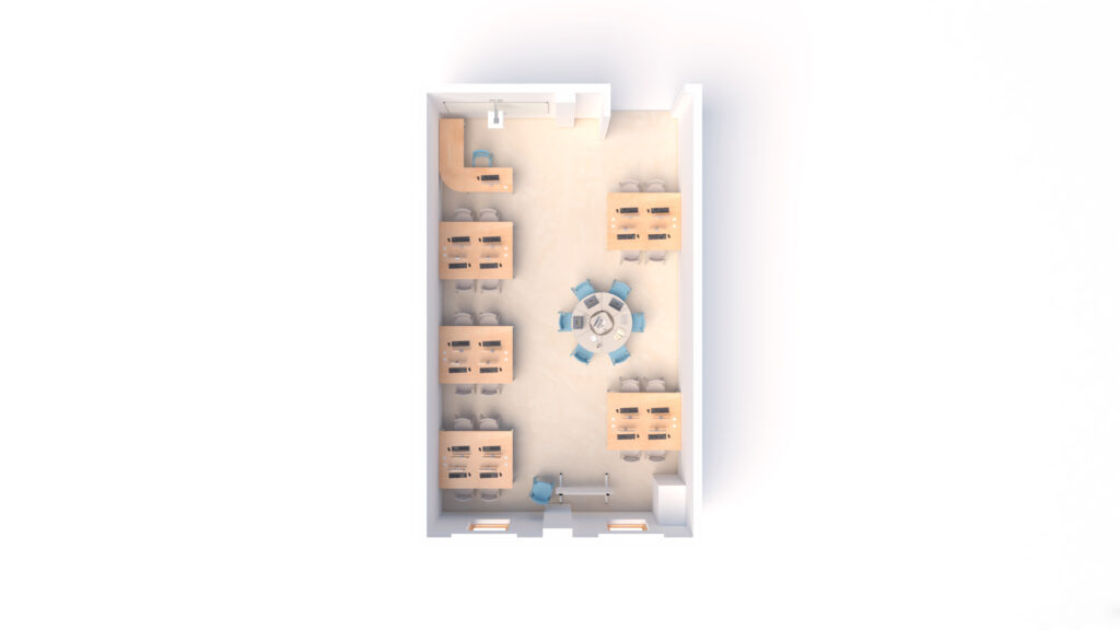 Vista superior de uma sala com mesas rectangulares, mesa redonda central e estantes.