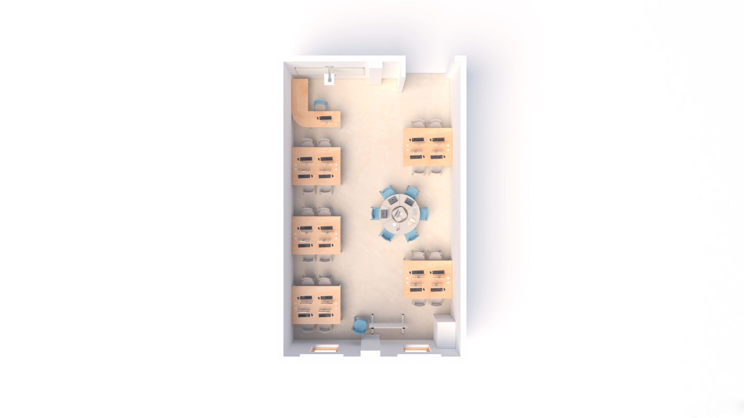 Vista superior de uma sala com mesas rectangulares, mesa redonda central e estantes.