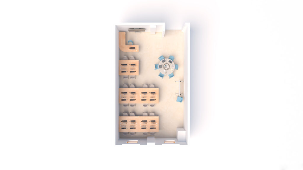 Vista superior de um espaço com mesas em filas, mesa redonda central e zona de estar.
