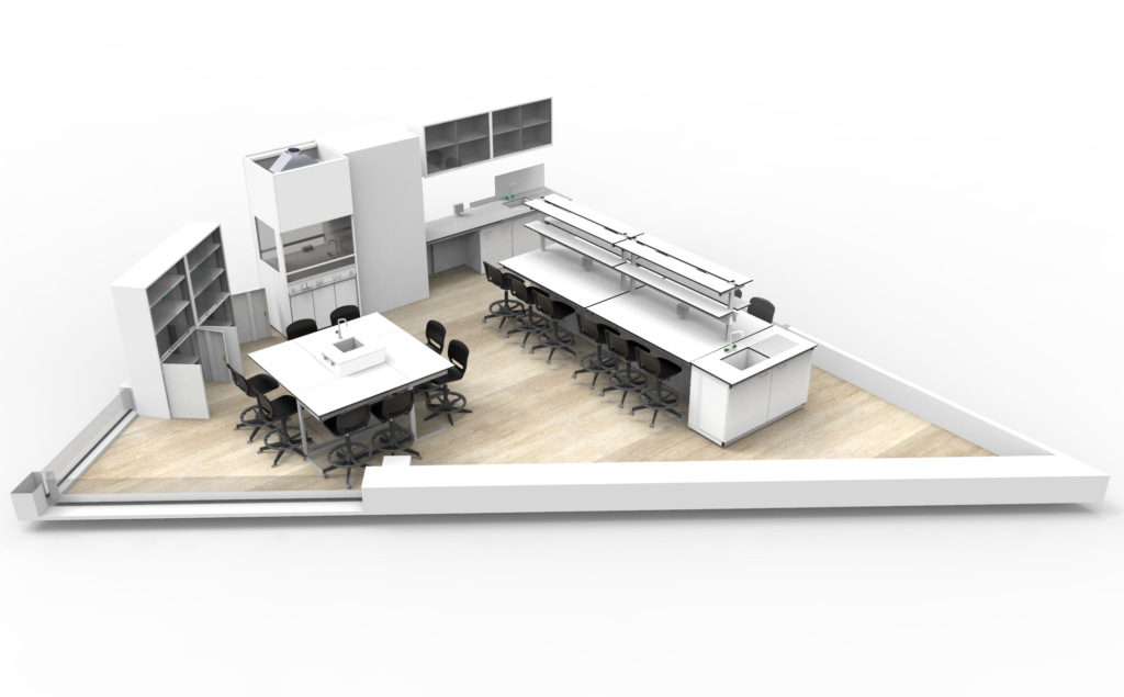 Representação de um laboratório com bancadas, cadeiras, arrumação superior e mesa de reunião.