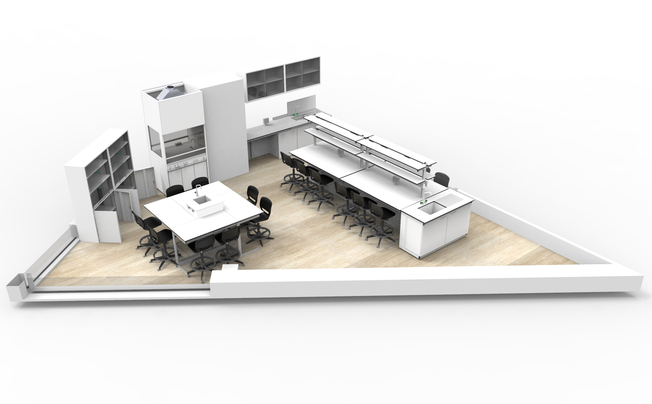 Representação de um laboratório com bancadas, cadeiras, arrumação superior e mesa de reunião.