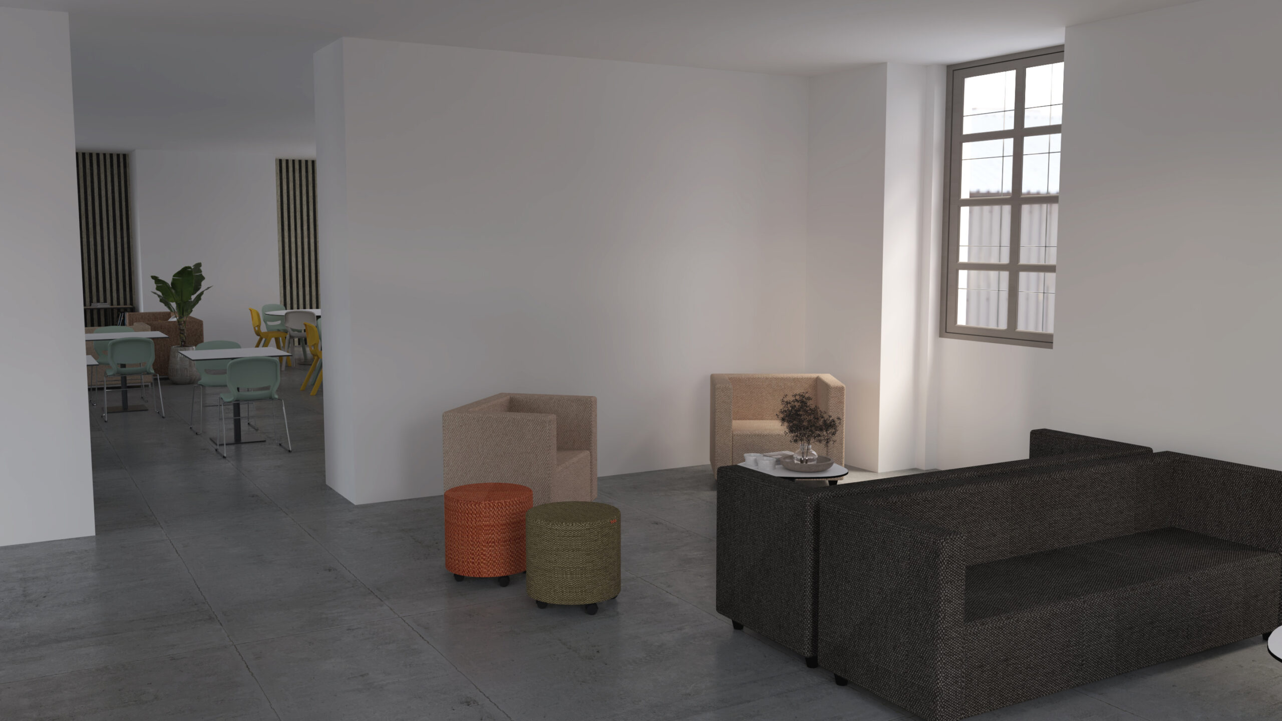 Zona de estar com sofá preto, cadeirões bege, pufes laranja e verdes e mesa de centro.