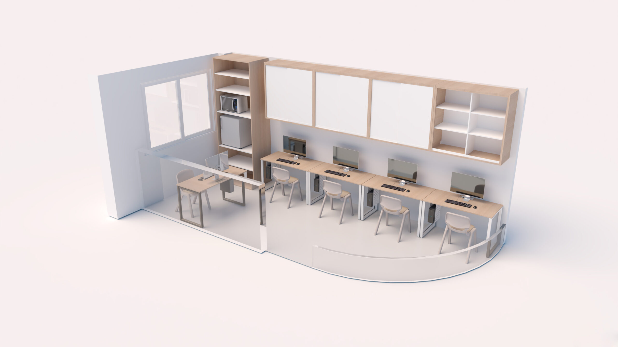 Sala com postos de trabalho e monitores junto à parede, arrumação superior e pequena mesa de reunião.