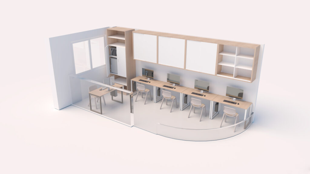 Representação de postos de trabalho com computadores, estantes e divisórias de vidro, junto a uma mesa pequena.