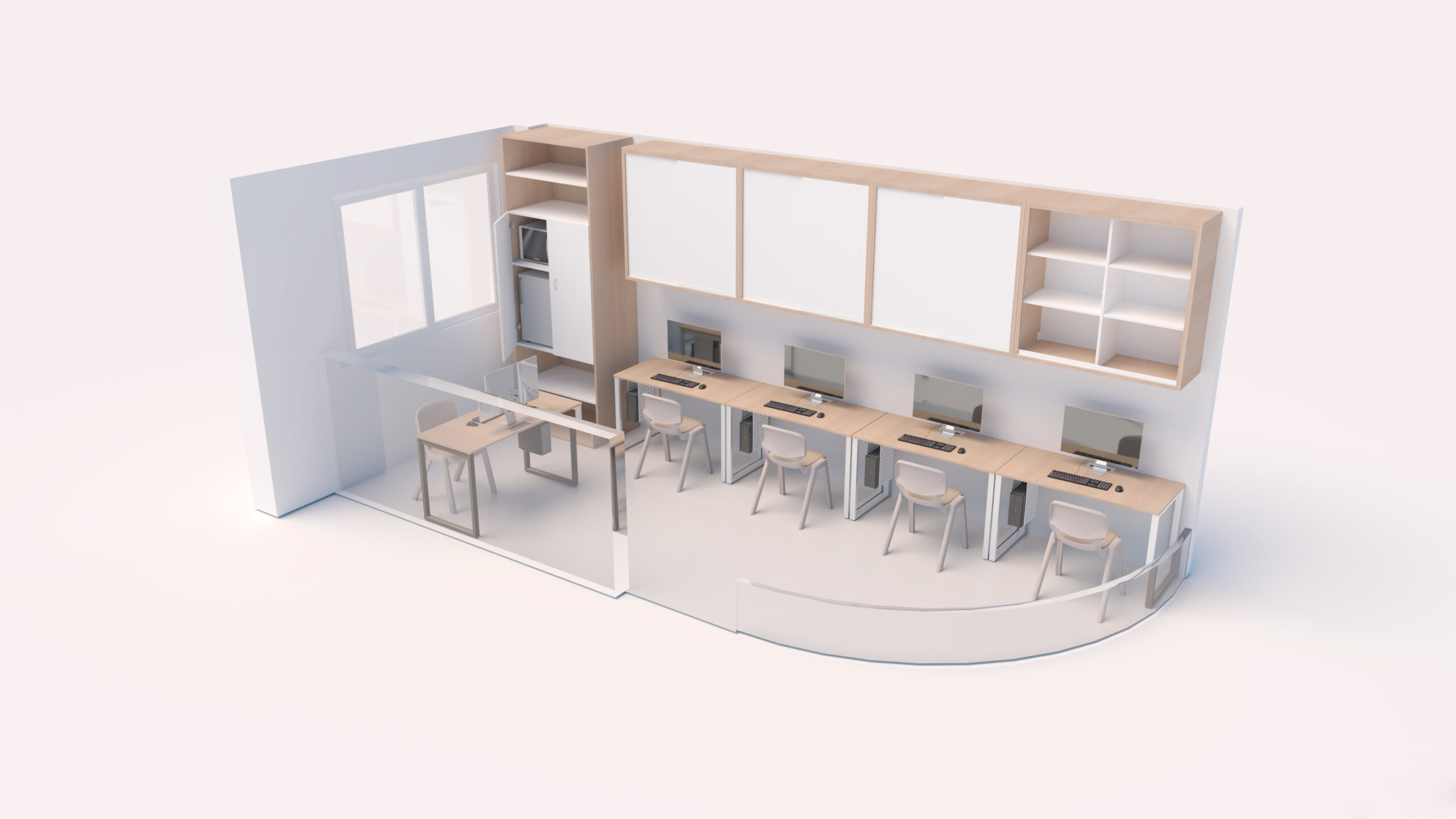 Representação de postos de trabalho com computadores, estantes e divisórias de vidro, junto a uma mesa pequena.