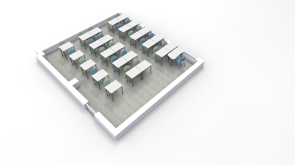 Representação de uma sala rectangular com mesas e cadeiras em filas.