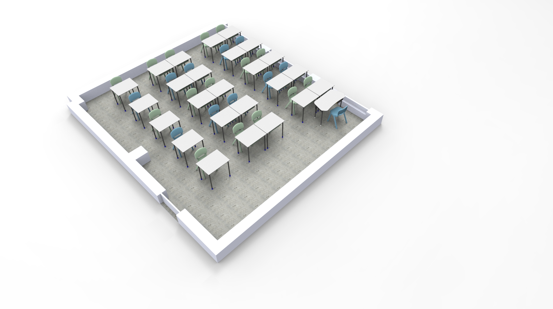 Representação de uma sala rectangular com mesas e cadeiras em filas.