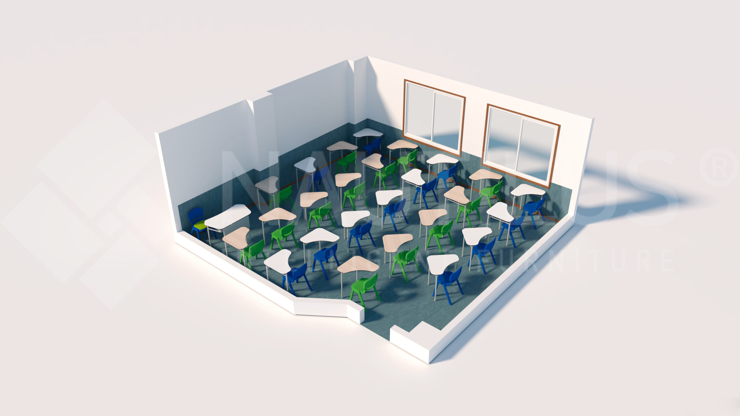 Representação de uma sala com mesas individuais em filas e cadeiras verdes e azuis.