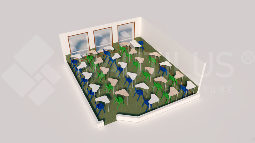 Sala com mesas em filas, cadeiras verdes e azuis e pavimento verde.