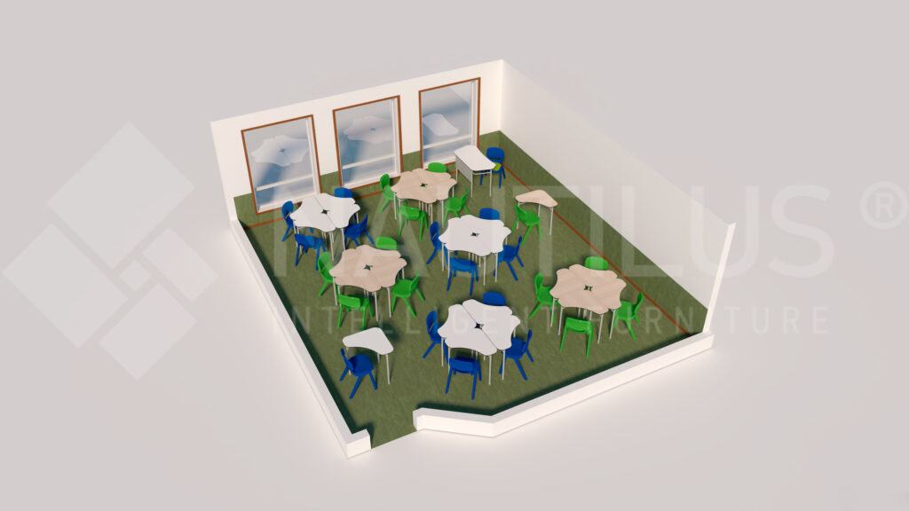 Sala com mesas hexagonais agrupadas, cadeiras azuis e verdes e pavimento verde.
