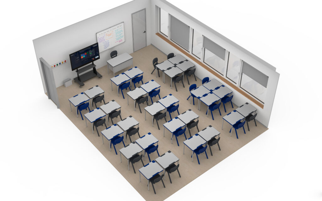 Representação de uma sala com mesas agrupadas, mesa de professor, quadro e ecrã.