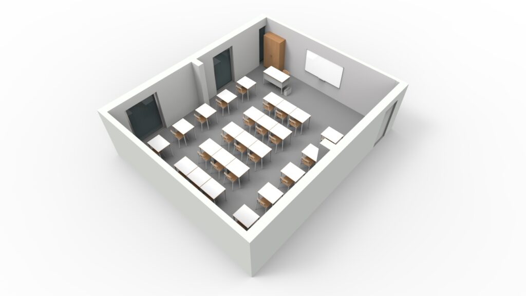 Representação de uma sala com mesas em filas, quadro branco, mesa de professor e armário.