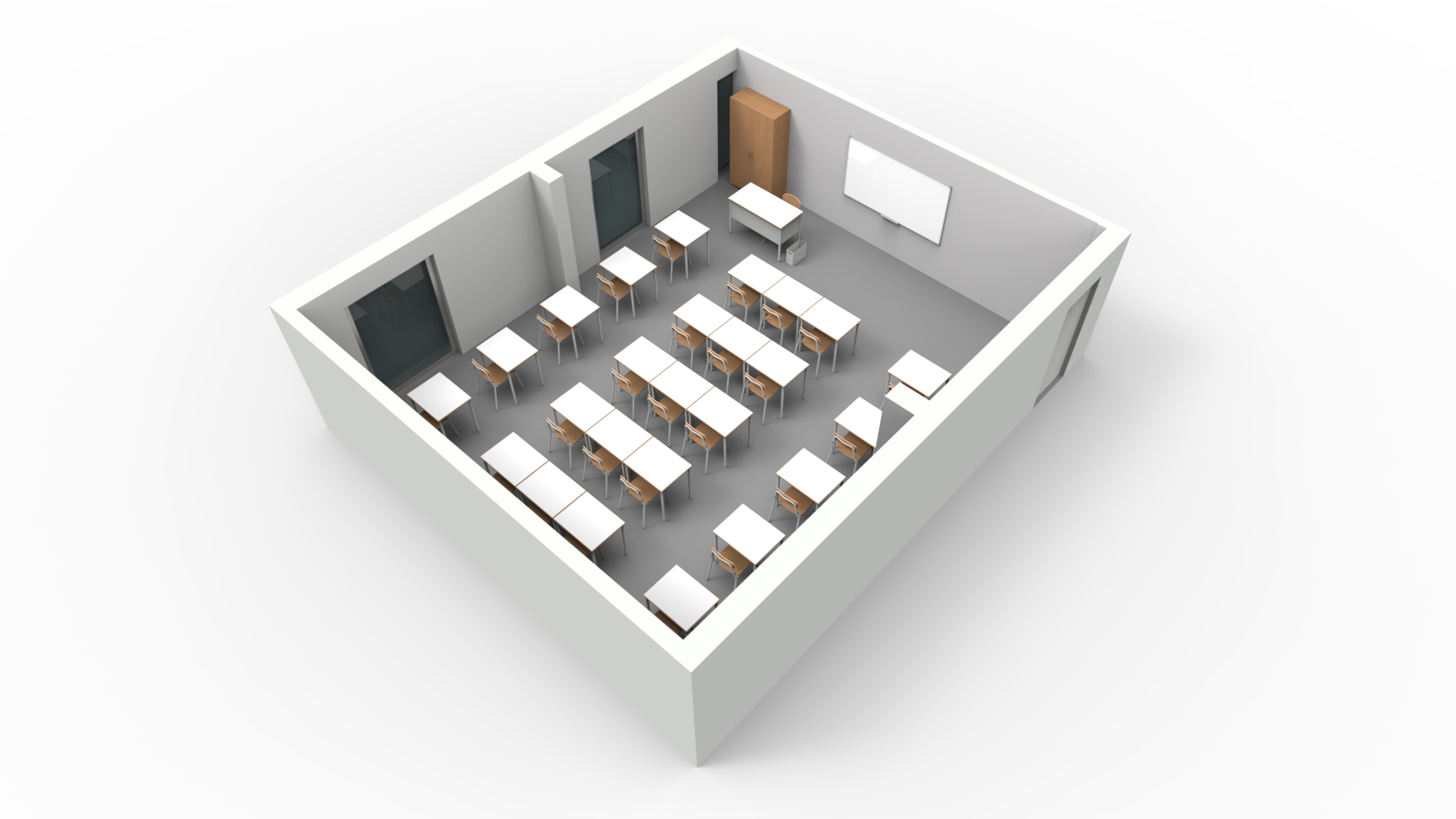 Representação de uma sala com mesas em filas, quadro branco, mesa de professor e armário.