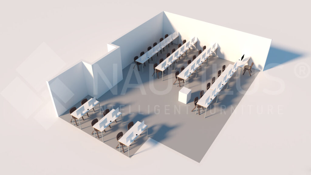 Representação de uma sala com mesas e cadeiras em filas diante de um quadro branco.