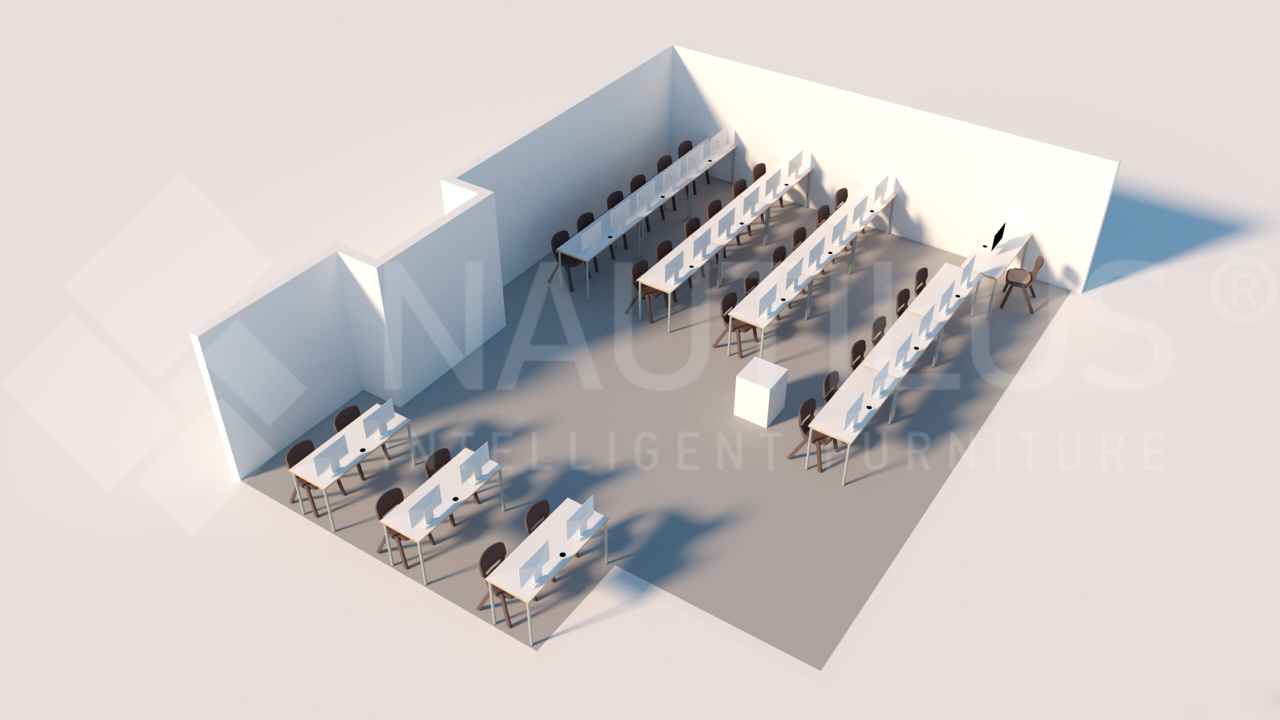 Representação de uma sala com mesas e cadeiras em filas diante de um quadro branco.