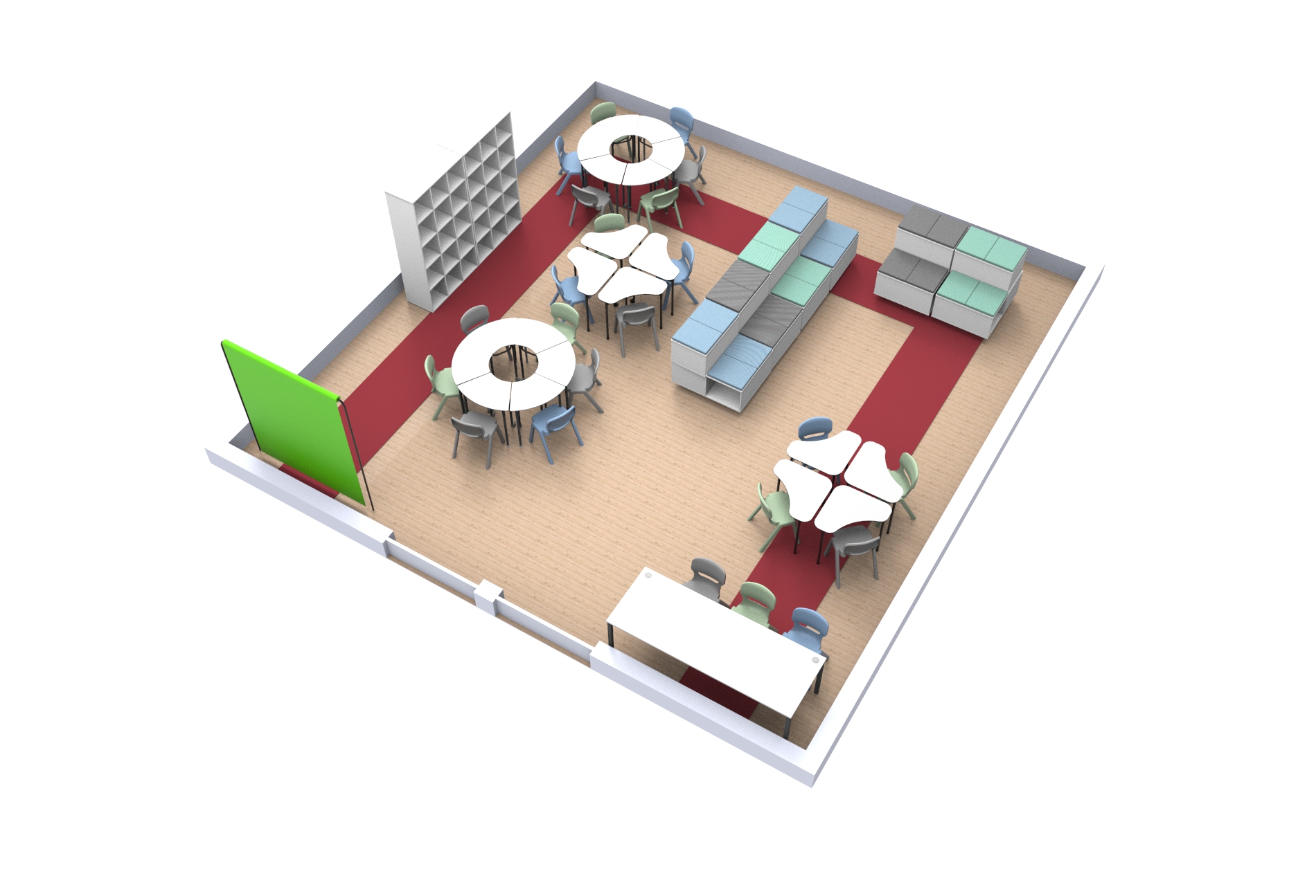 Planta tridimensional de uma sala com mesas redondas e quadradas, cadeiras, estantes e zonas de circulação.