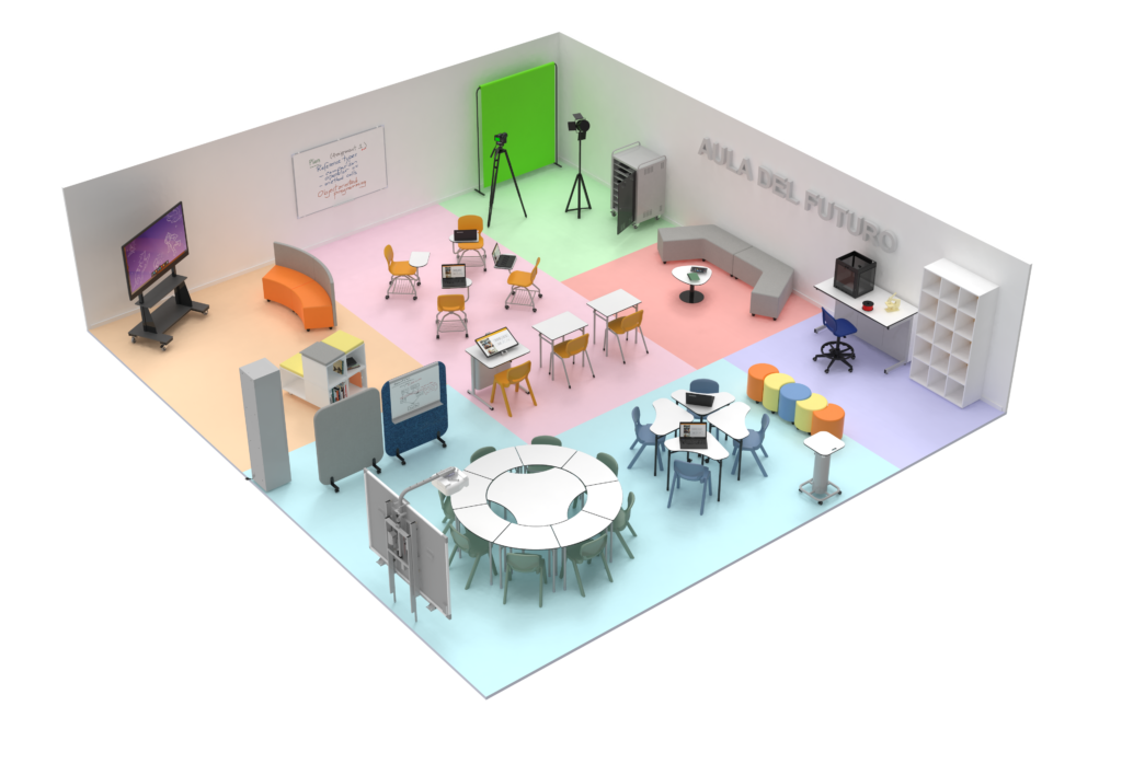 Sala organizada por zonas de cores, com mesas redondas, estantes, câmara e fundo verde.