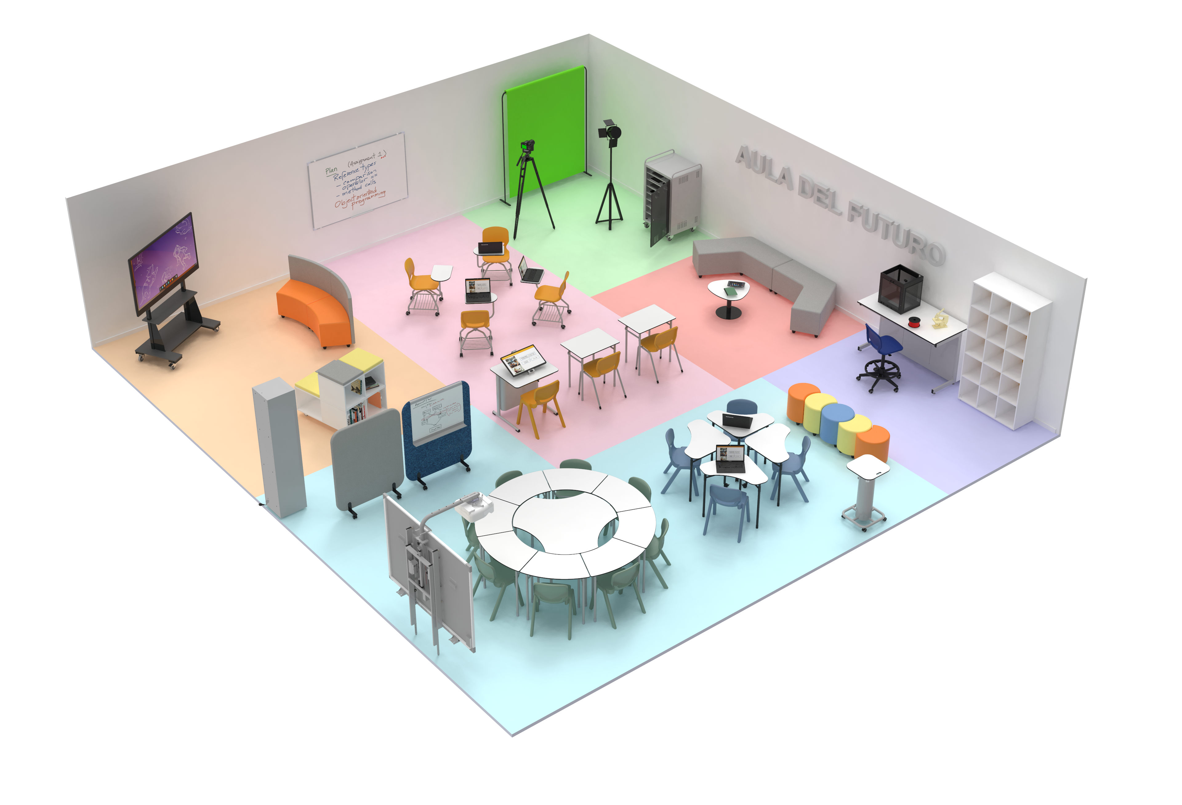 Sala organizada por zonas de cores, com mesas redondas, estantes, câmara e fundo verde.