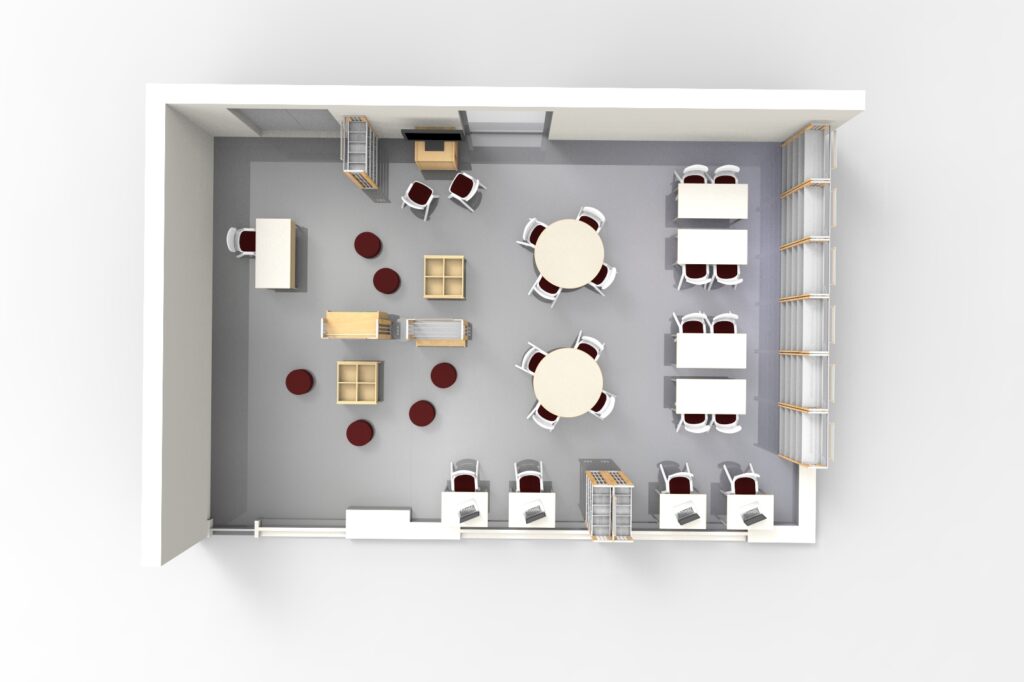 Vista superior de uma sala com mesas redondas e rectangulares, estantes e zonas de trabalho distintas.
