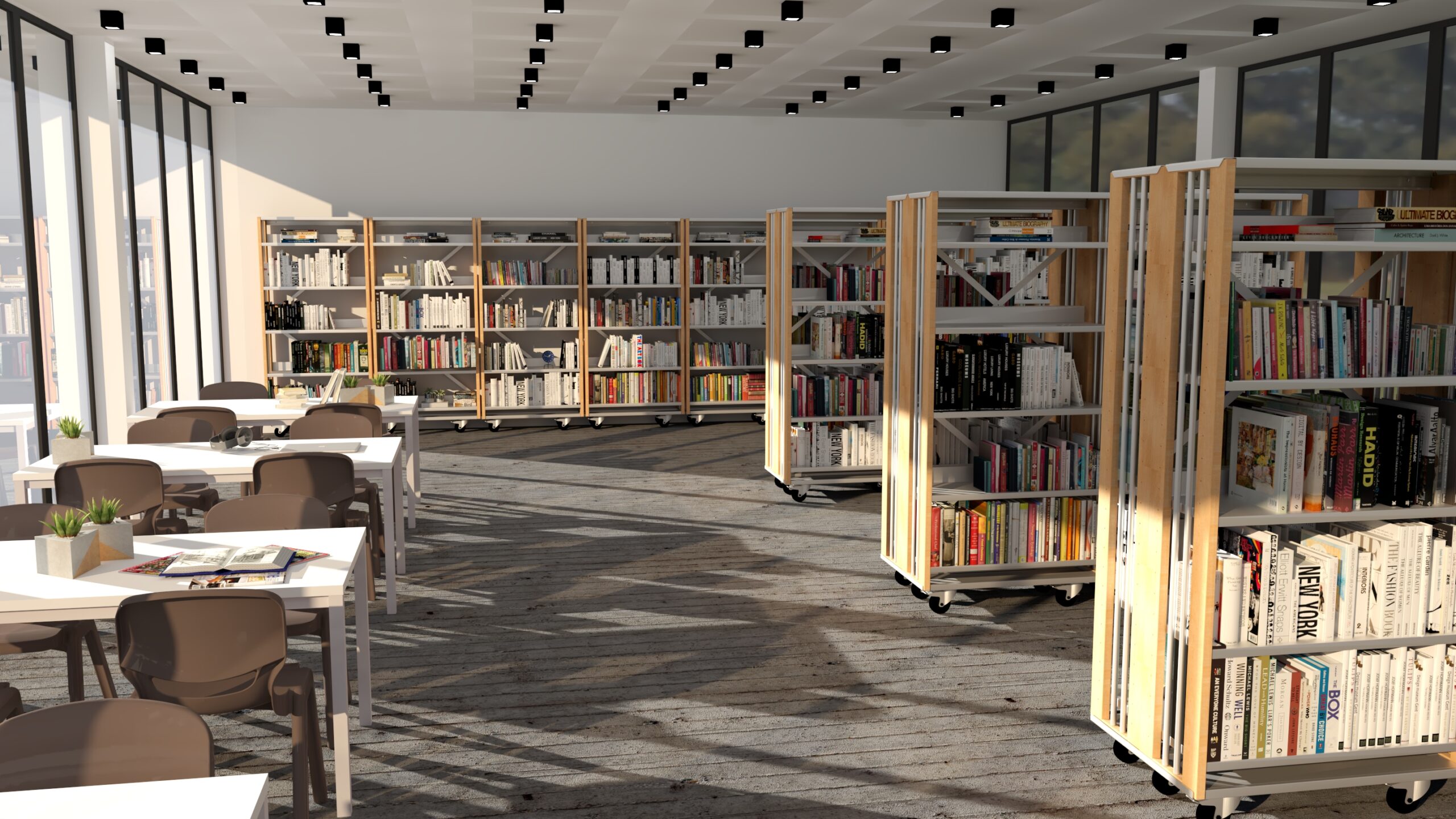 Biblioteca com estantes altas, mesas de leitura, cadeiras e plantas.