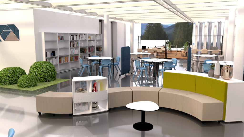 Biblioteca com assentos curvos, estantes, mesas, cadeiras e plantas decorativas.