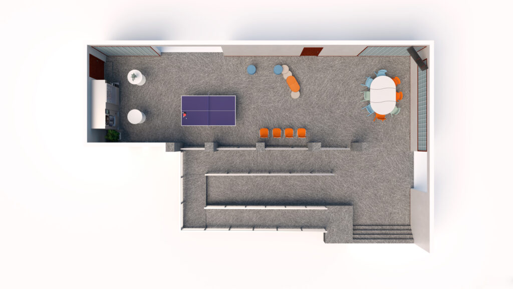 Vista superior de uma sala recreativa com mesa de ténis de mesa, mesas, cadeiras e bancada em degraus.