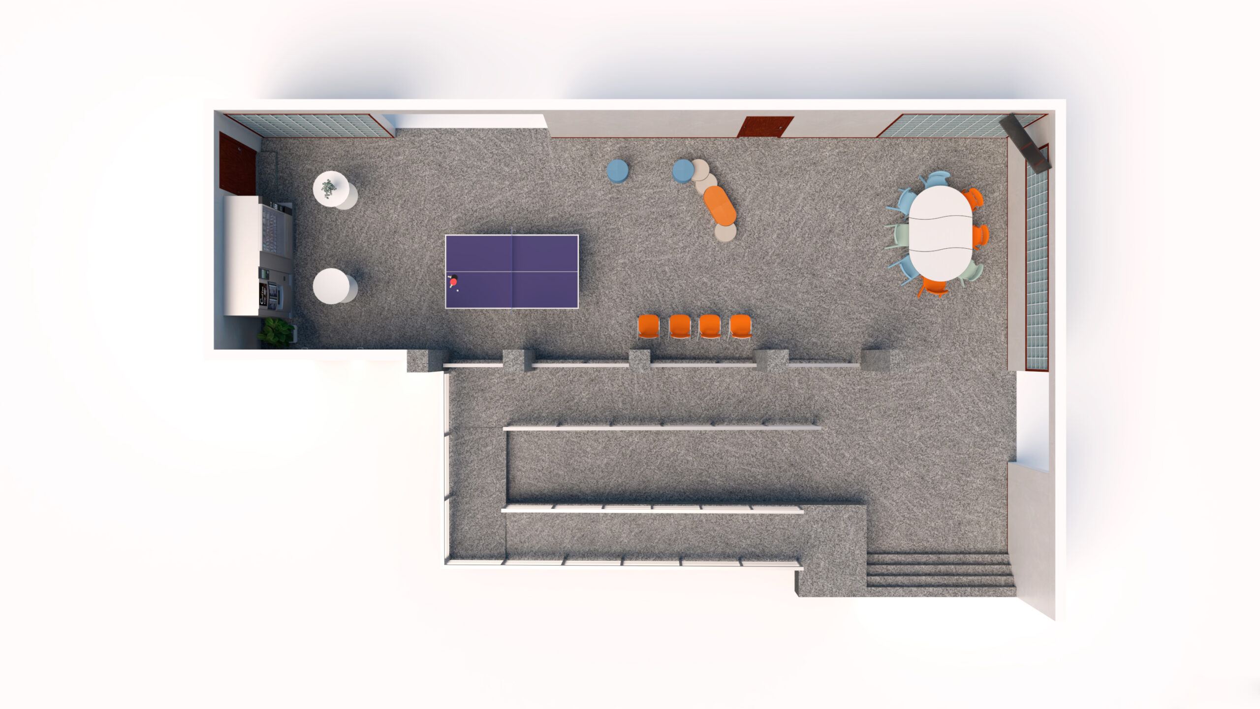 Vista superior de uma sala recreativa com mesa de ténis de mesa, mesas, cadeiras e bancada em degraus.