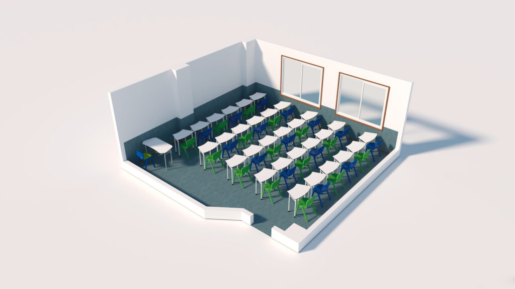 Representação de uma sala com mesas e cadeiras dispostas em grelha junto a grandes janelas.