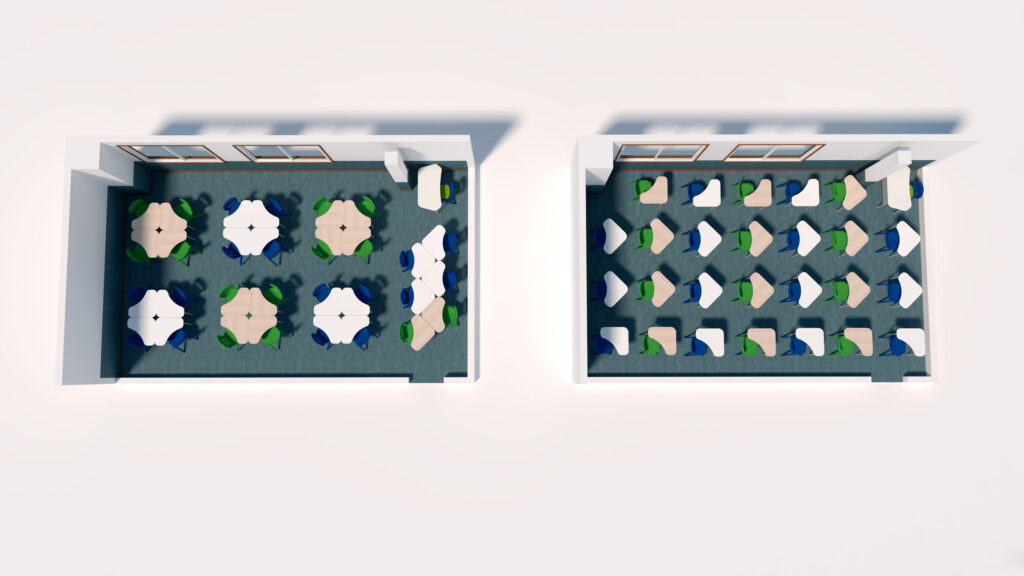 Vista superior de duas salas contíguas, uma com mesas redondas agrupadas e outra com mesas rectangulares em filas.
