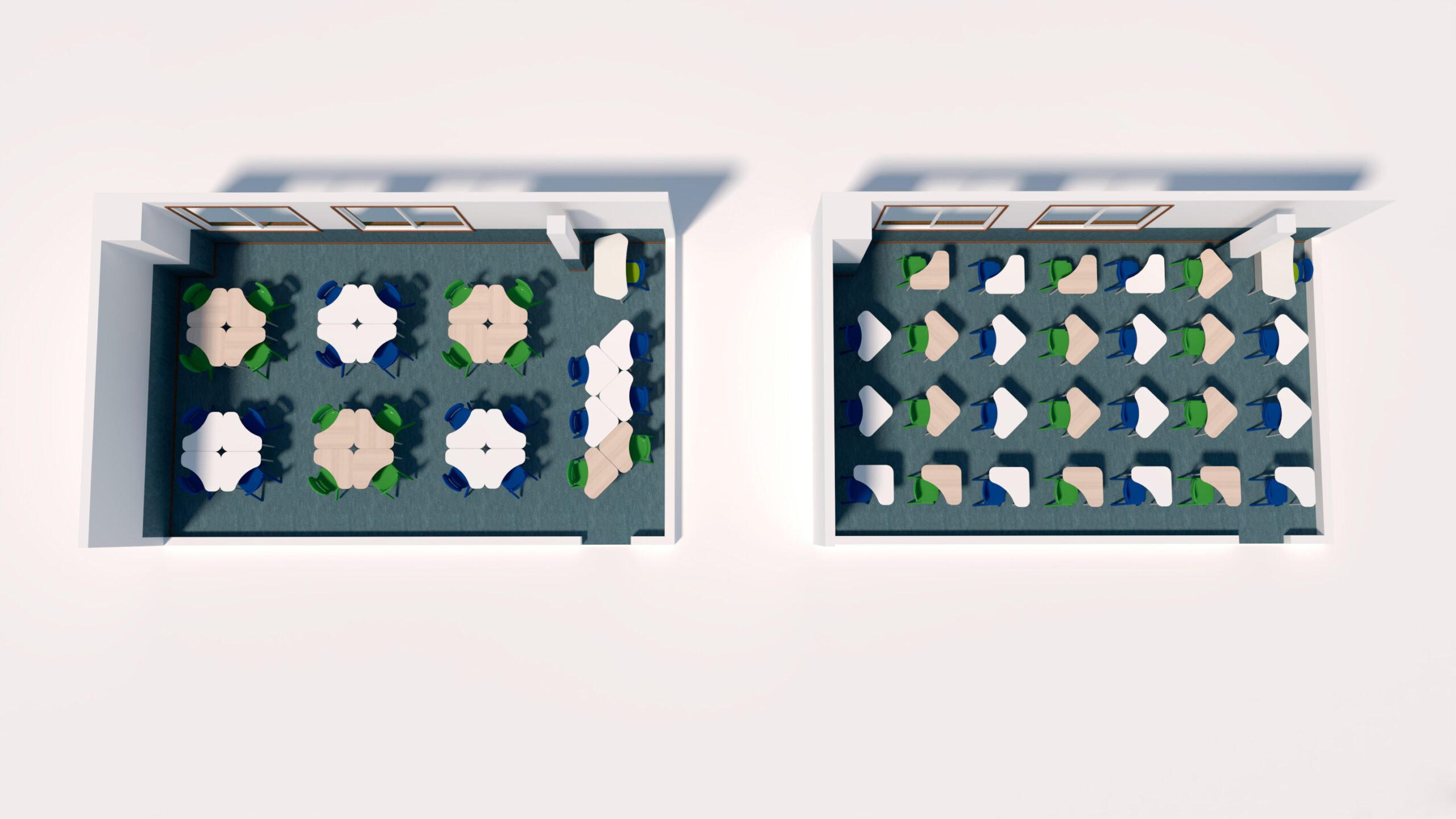 Vista superior de duas salas contíguas, uma com mesas redondas agrupadas e outra com mesas rectangulares em filas.