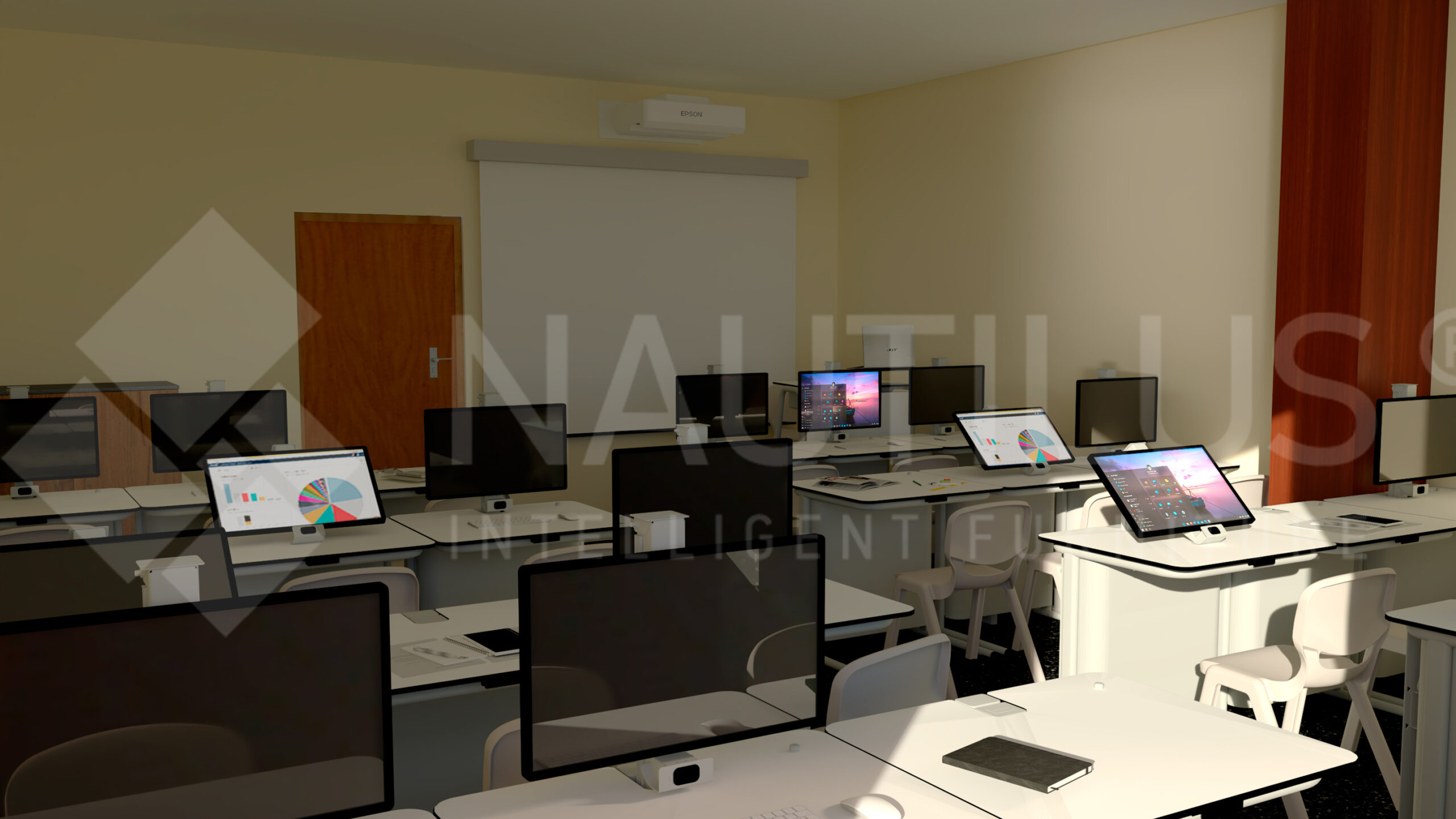Sala de informática com monitores, cadeiras brancas, projector e quadro branco.