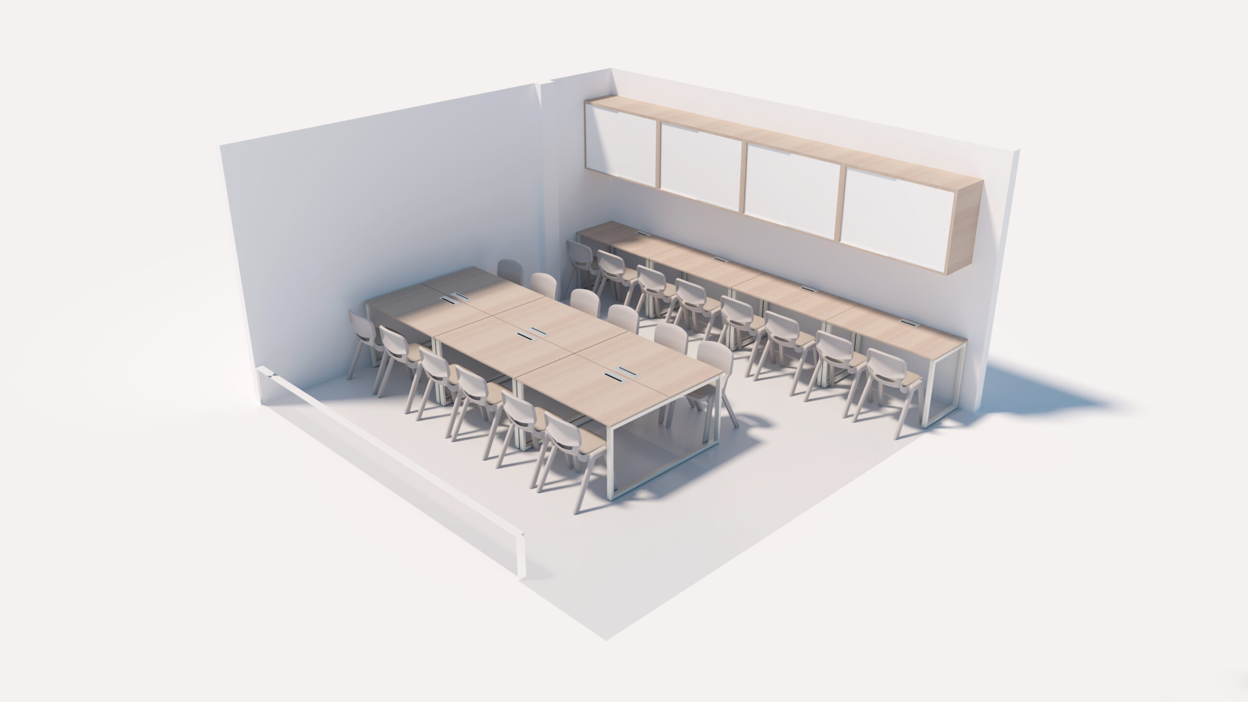 Representação de uma sala com mesas agrupadas, postos de trabalho junto à parede e armários superiores.