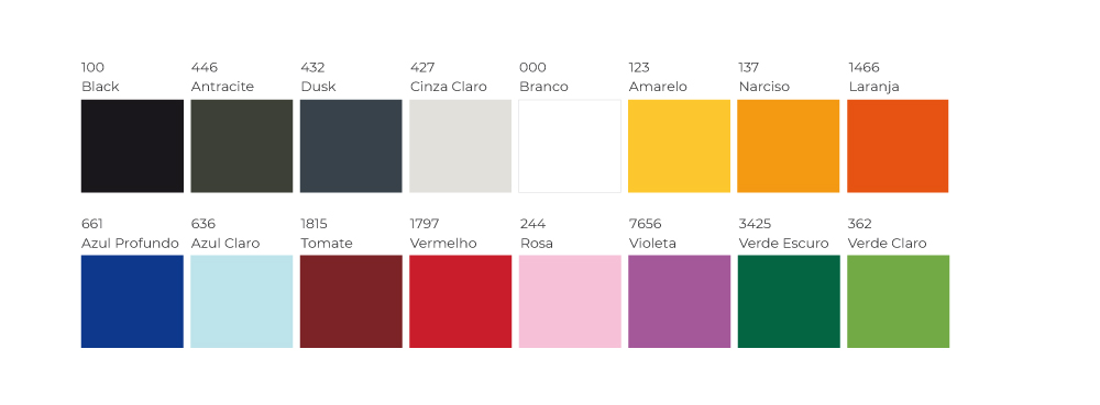 Paleta de materiais e cores de acabamento de Polipropileno.