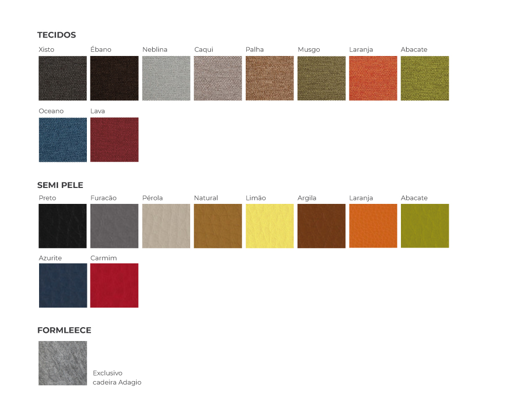 Paleta de materiais e cores de acabamento de estofos.