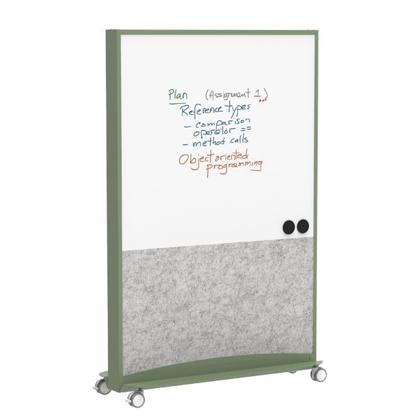 Painel com rodas, quadro branco de escrita e revestimento cinzento na parte inferior.