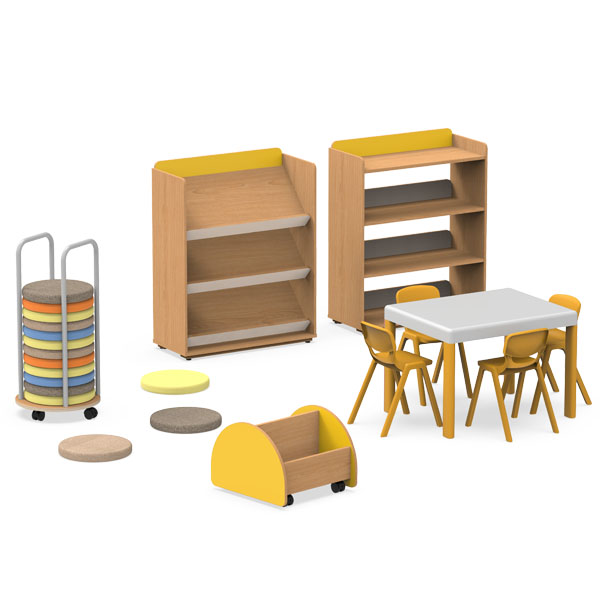 Conjunto de mobiliário infantil com estantes, mesa, cadeiras, carro de livros e almofadas, com apontamentos em amarelo.
